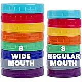 16 Pack Colored Plastic Mason Jar Lids for Ball, Kerr and More - 8 Regular Mouth & 8 Wide Mouth - Food-Grade Recyclable Plast