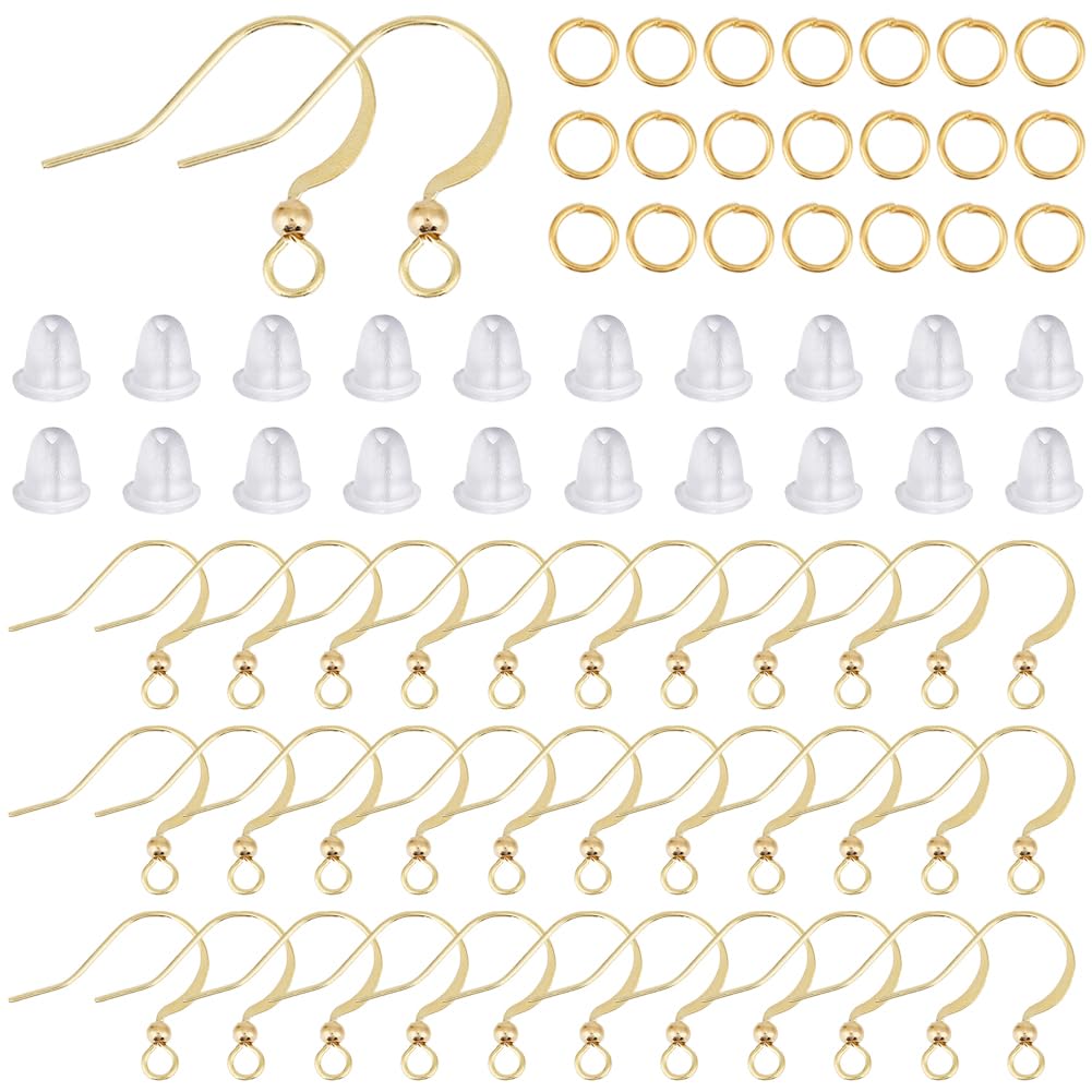 SUNNYCLUE 1 Box 300Pcs Gold Earring Hook French Earring Wires & 300Pcs Jump Rings & 300Pcs Ear Backs Brass Earwires Fish Hook Earring Wire Findings for jewellery Making Supplies DIY Dangle Earrings