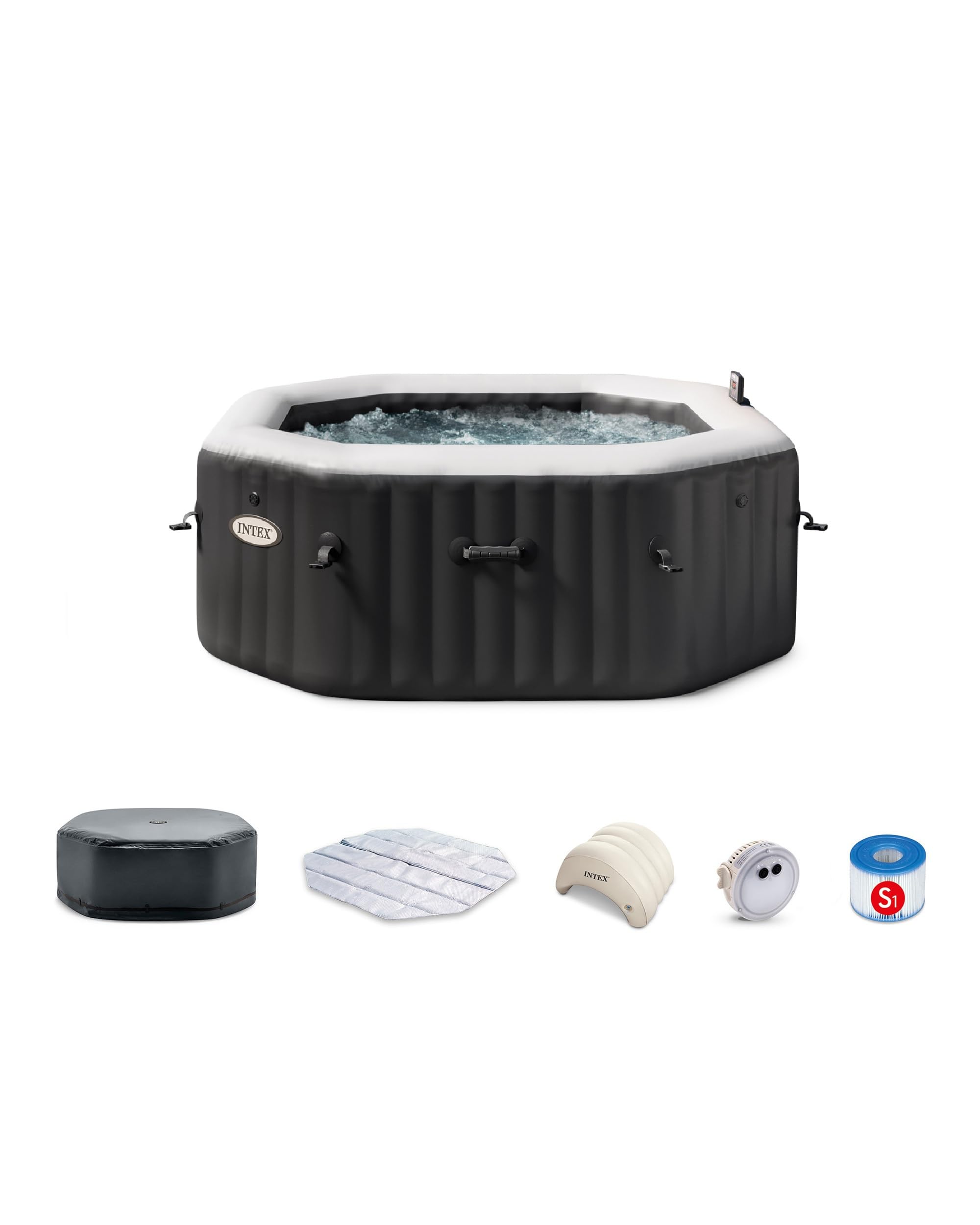 Photo 1 of ***UNCLEAN***Intex 28457EP 4-Person Onyx Black Octagon Jet & Bubble Deluxe Combo Outdoor Inflatable Portable Hot Tub, Includes Energy Efficient Spa Cover, 63in x 28in ONLY MOTOR
