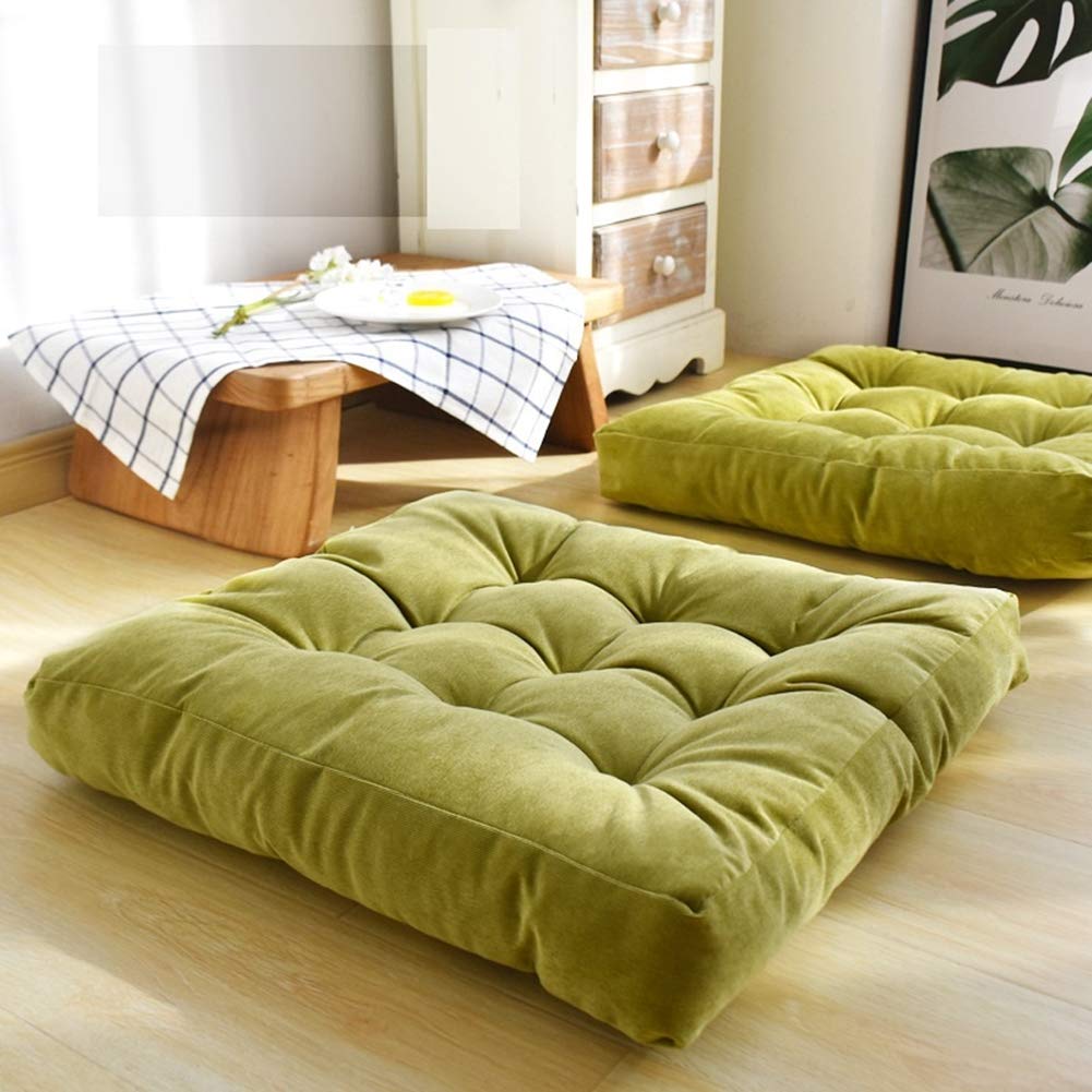 HIGOGOGO Solid Square Seat Cushion, Tufted Thicken Pillow Seat Soft Corduroy Chair Pad Tatami Floor Cushion for Yoga Meditation Living Room Balcony, Green, 22x22 Inch