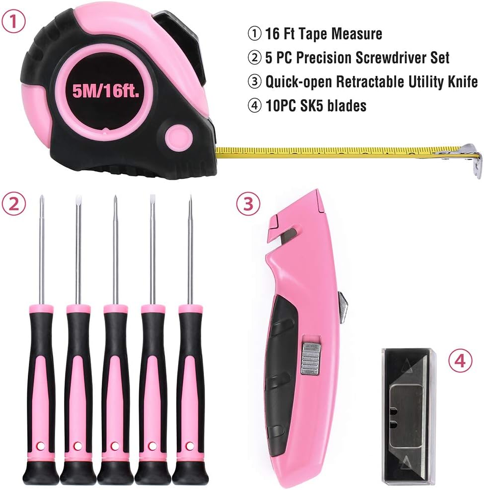 WORKPRO 103-Piece Pink Tool Kit - Ladies Hand Tool Set with Easy Carrying Round Pouch - Durable, Long Lasting Chrome Finish Tools - Perfect for DIY, Home Maintenance - Pink Ribbon - - 