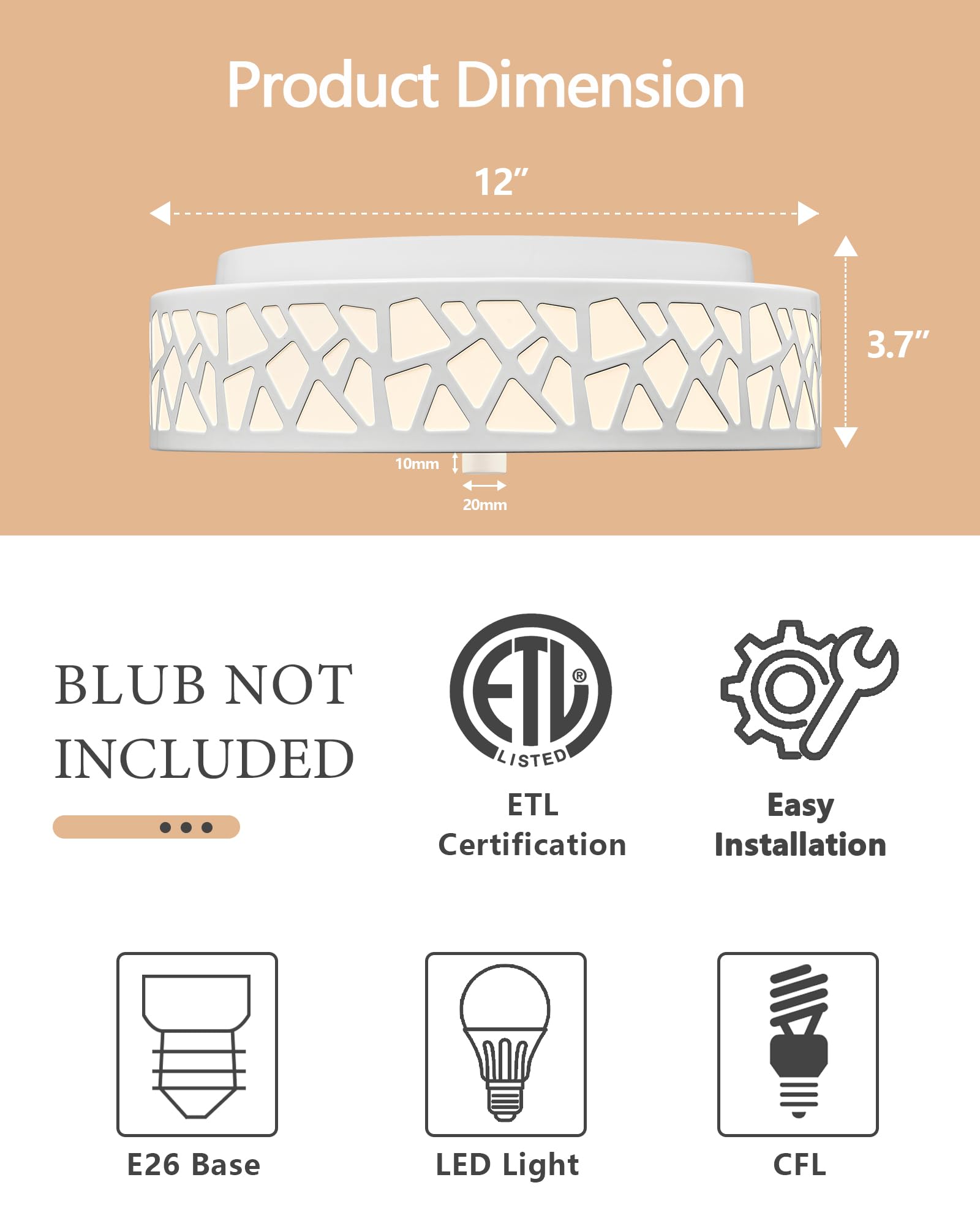 VICNIE 2-Light Flush Mount Ceiling Light, 12 inch Modern Ceiling Light Fixture with White Metal and Frosted Glass Shade for Hallway, Kitchen, Bedroom