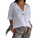 Grafumo Womens Cotton Linen Button Down Shirts Casual Summer V Neck 3/4 Sleeve Solid Loose Fit Tunic Tops Vacation Tee