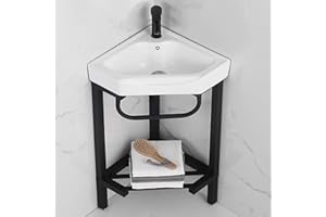 HOLGVE Bathroom Corner Sinks, Ceramic Basin Corner Bathroom Vanity, Wash Basin with Storage Shelve, Outdoor Garden Sink, Corn