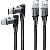 SUNGUY Right Angle USB C Cable, [2-Pack, 1FT] Short 90 Degree USB-A to USB-C Fast Charging Data Sync Type C Charger Cord Nylon Braided Wire for iPhone 17 16 15 Pro Max,Galaxy S24 S23,iPad,Power Bank