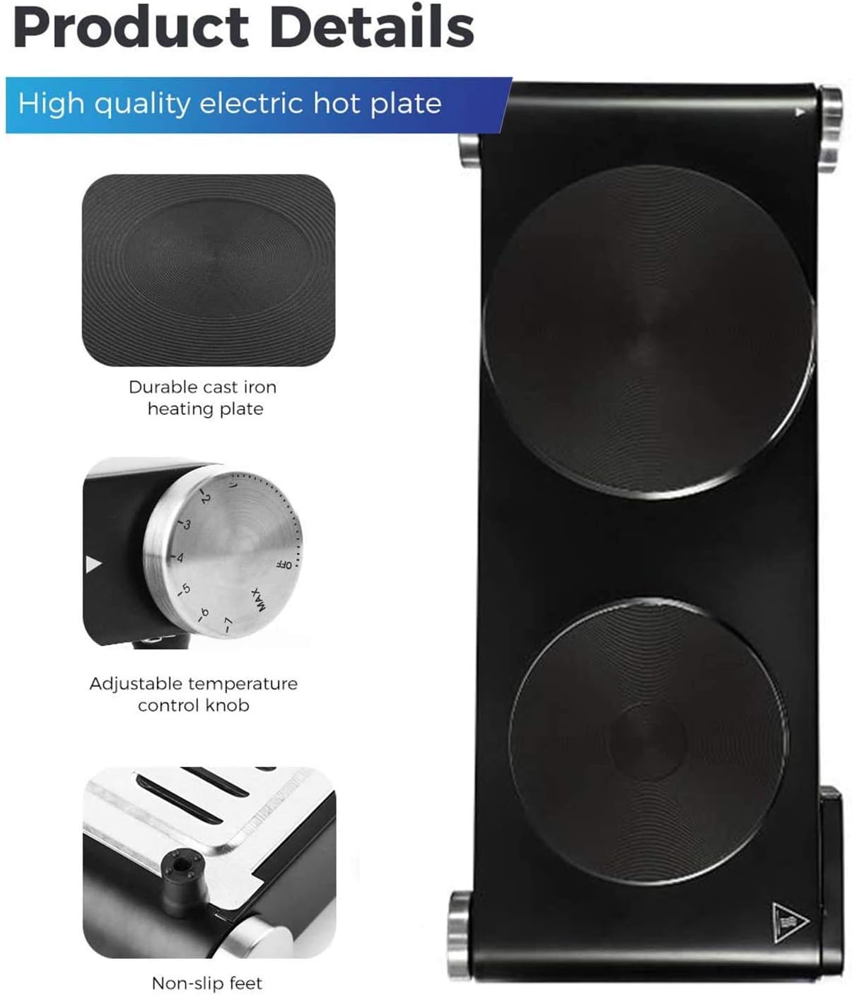 Cusimax Double Hot Plates, 1800W Double Burner, Portable Electric Hot Plate for Cooking, Countertop Cooktop, Cast Iron Stove, Heating Plate, Compatible with All Cookwares, Upgraded Version: Kitchen & Dining