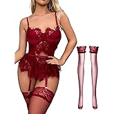 Lilosy Sexy Stocking Underwire Babydoll Lace Mesh Garter Lingerie Set with Panty 4 Piece