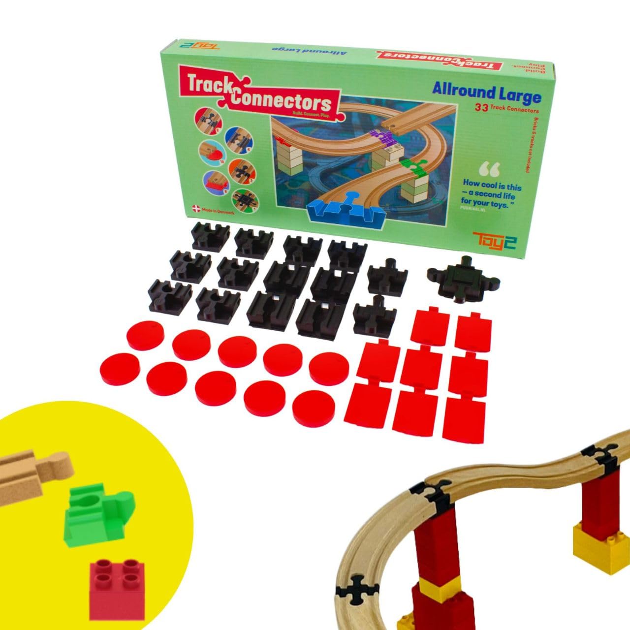 TOY2 Allround Large Construction Set with 6 Different Track Connectors - Compatible with Brio & Duplo - Sustainable Wooden Train & Rail Set Connectors (21025)