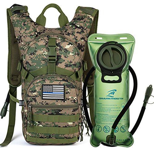 SHARKMOUTH Tactical MOLLE Hydration Pack Backpack 900D with 2L Leak-Proof Water Bladder, Keep Liquids Cool for Up to 4 Hours, Outdoor Daypack for Cycling, Hiking, Running, USA Flag Patch, ACUGreen