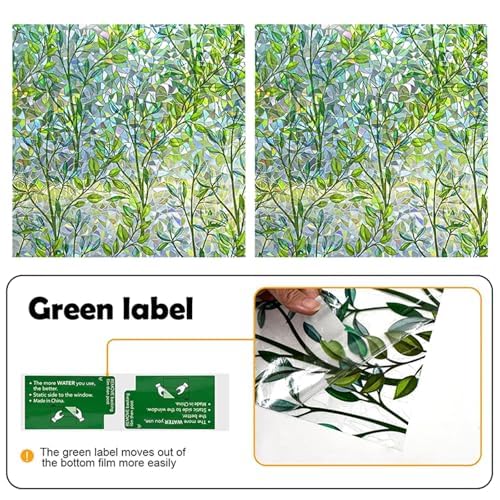 KOWVOWZ 3D Stained Glass Privacy Window Film, Green Leaves Door Film, UV Sun Blocking Window Films, Reusable 3D Decals Non-Adhesive Window Vinyl Stickers for Living Room Kitchen Office (44.5x200cm)