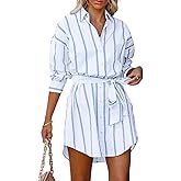 CHARTOU Women Summer Causal Stripe Tunic Dress Loose Button Down Shirt Short Dress with Belt