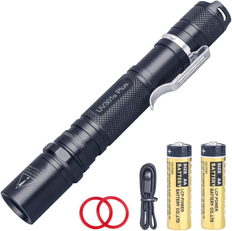 LIGHTFE Black Light 365nm UV Flashlight UV301D-Plus Vision with SSC UV LED, Max. 3000mW Power Output, Black Filter Lens, 2 AA Batteries, Rock and Mineral Detector