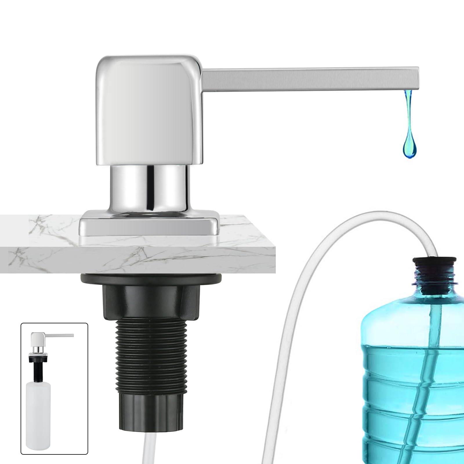 CREA Built-in Soap Dispenser for Kitchen Sink, Countertop with 17 OZ Bottle and 39" Extension Tube Kit, Refill from Top, Chrome