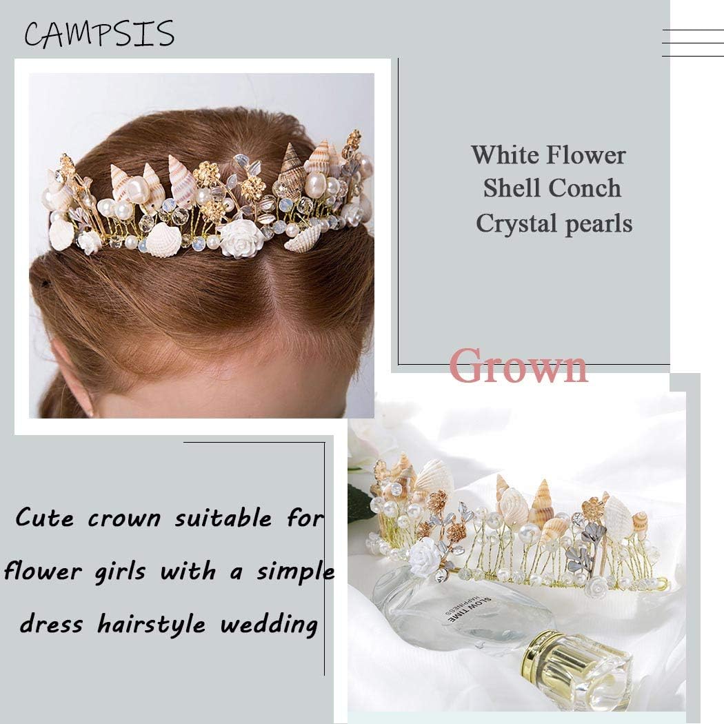 IYOU Princess Flower Shell Headband Gold Communion Headpiece Pearl Crystal Hair Tiaras Bridal Wedding Hair Accessories for Girls and Bridesmaid - Image 5