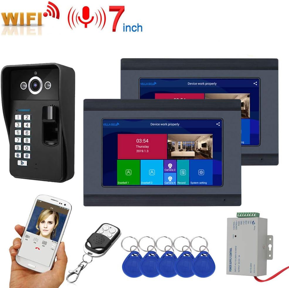 JINPENGPEN Video Doorbell,7 Inch 2 Monitors WiFi Wireless Fingerprint Doorbell Intercom System Wired AHD 1080P Door Access Control System
