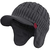 Janey&Rubbins Winter Outdoor Sports Visor Beanie with Earflaps Knit Ski Hat with Brim Fleece Lined Skull Cap