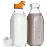 Dwbligt 32 Oz Reusable Glass Water Bottles with Silicone Dispenser Cap, 2 Pack Milk Jugs with Airtight Screw Lids, Leak Proof