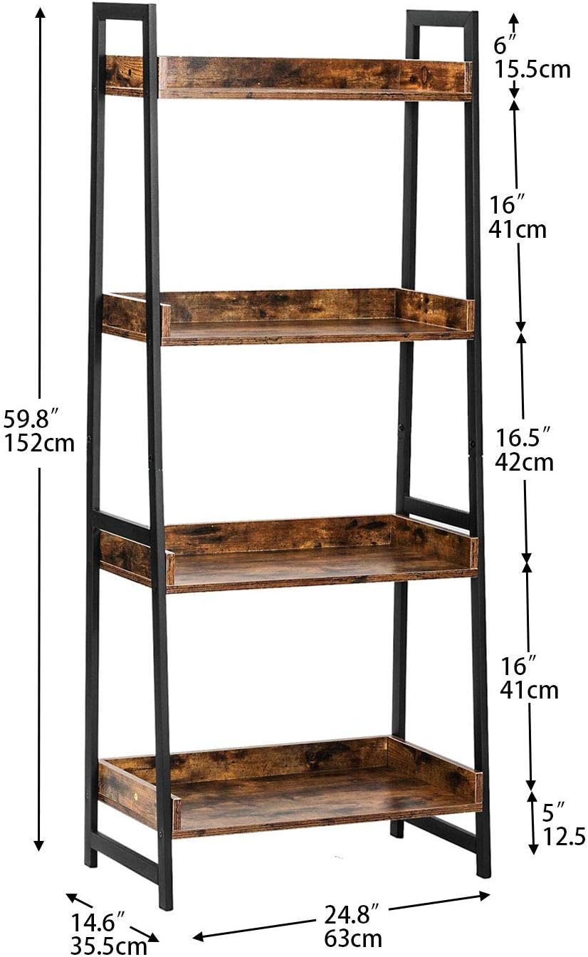 IRONCK Industrial Bookshelf, 4-Tier Ladder Shelf, Storage Shelves Rack Shelf Unit, Wood Look Accent Furniture Metal Frame, Vintage Home Office Furniture for Bathroom, Living Room, Rustic Brown: Kitchen & Dining