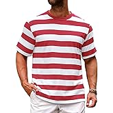 Runcati Mens Short Sleeve T-Shirts Striped Casual Crewneck Basic Shirt Color Block Stretch Summer Beach Tees