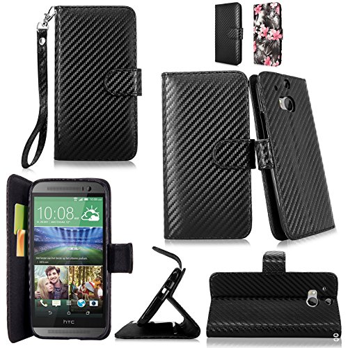Cellularvilla Wallet Case for HTC One M8 Pu Leather Wallet Card Flip Open Pocket Case Cover Pouch (Carbon Fiber Black)
