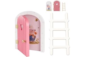 MIJIJHH Fairy Door for Wall, Fairy Door, Pink Wooden Fairies Doors with Ladder and Cute Mouse, Creative Fairy Garden Decor fo