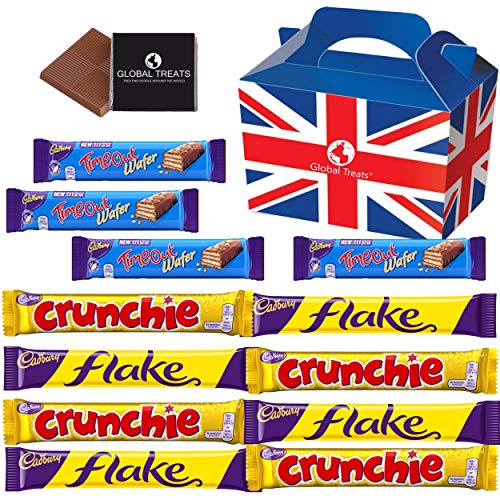 Cadbury Chocolate Bars - Cadbury Crunchie. Cadbury Flake, Cadbury Timeout - 12 FULL SIZE Chocolate bars of delicious Cadbury Chocolate in a unique Gift Box and a free British Chocolate.