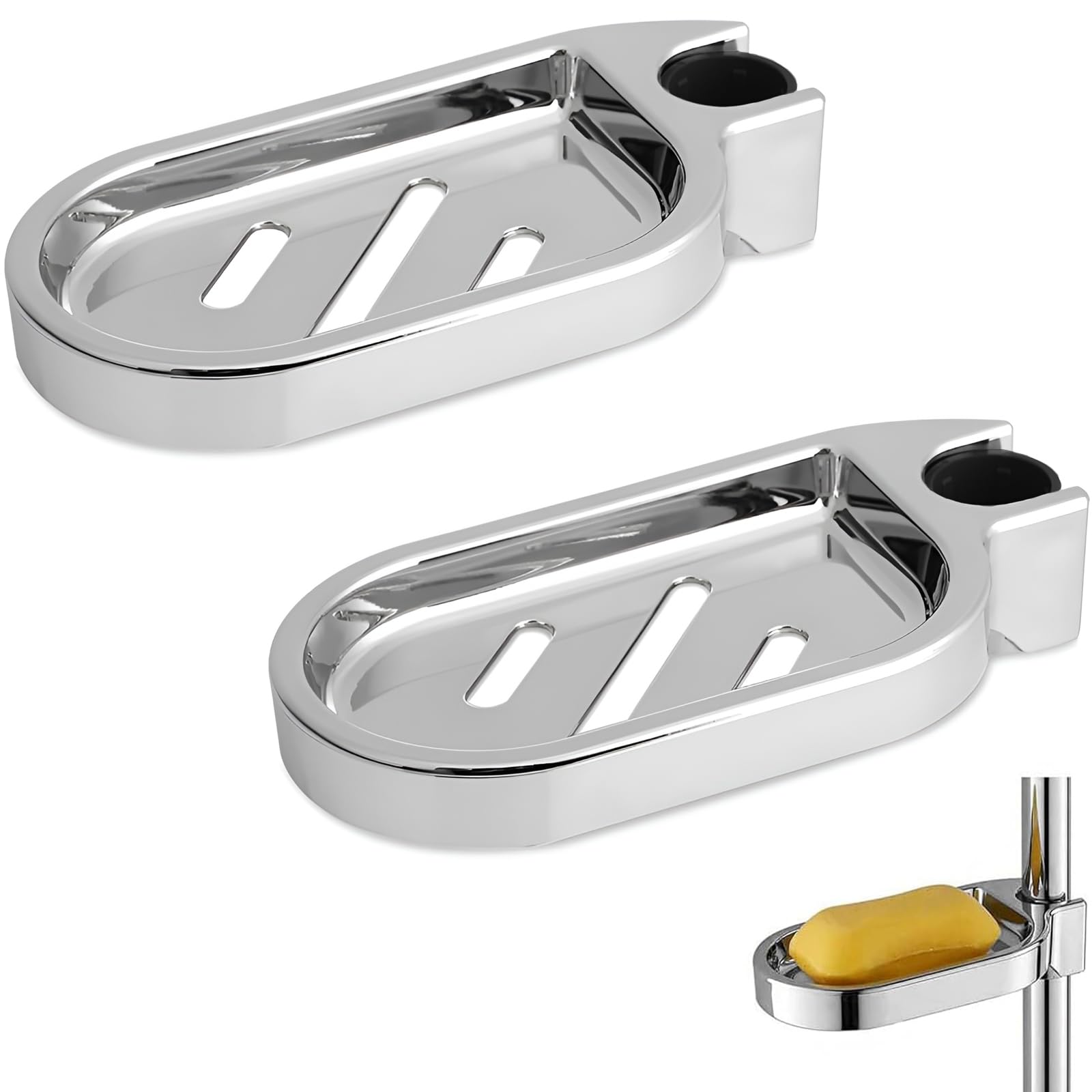 2 PCS Soap Dish Shower, Shower Rail Soap Holder Clip On Bathroom Adjustable Shower Soap Tray with 22 mm Round Rail Pole (Silver)