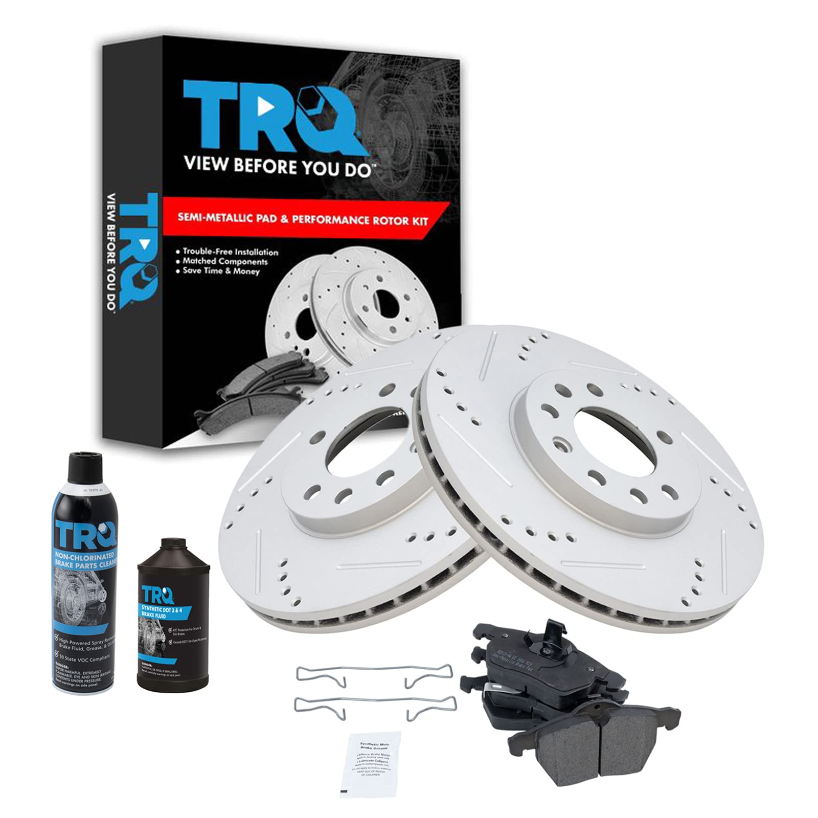 TRQ Front Brake Pad & Rotor Kit Semi-Metallic Performance Premium G-Coated Slotted X Drilled Compatible with 99-03 9-3 99-05 9-5 01-02 L100 01-03 L200 01-05 L300 00 LS LS1 LS2 LW1 LW2 LW200 LW300 Image