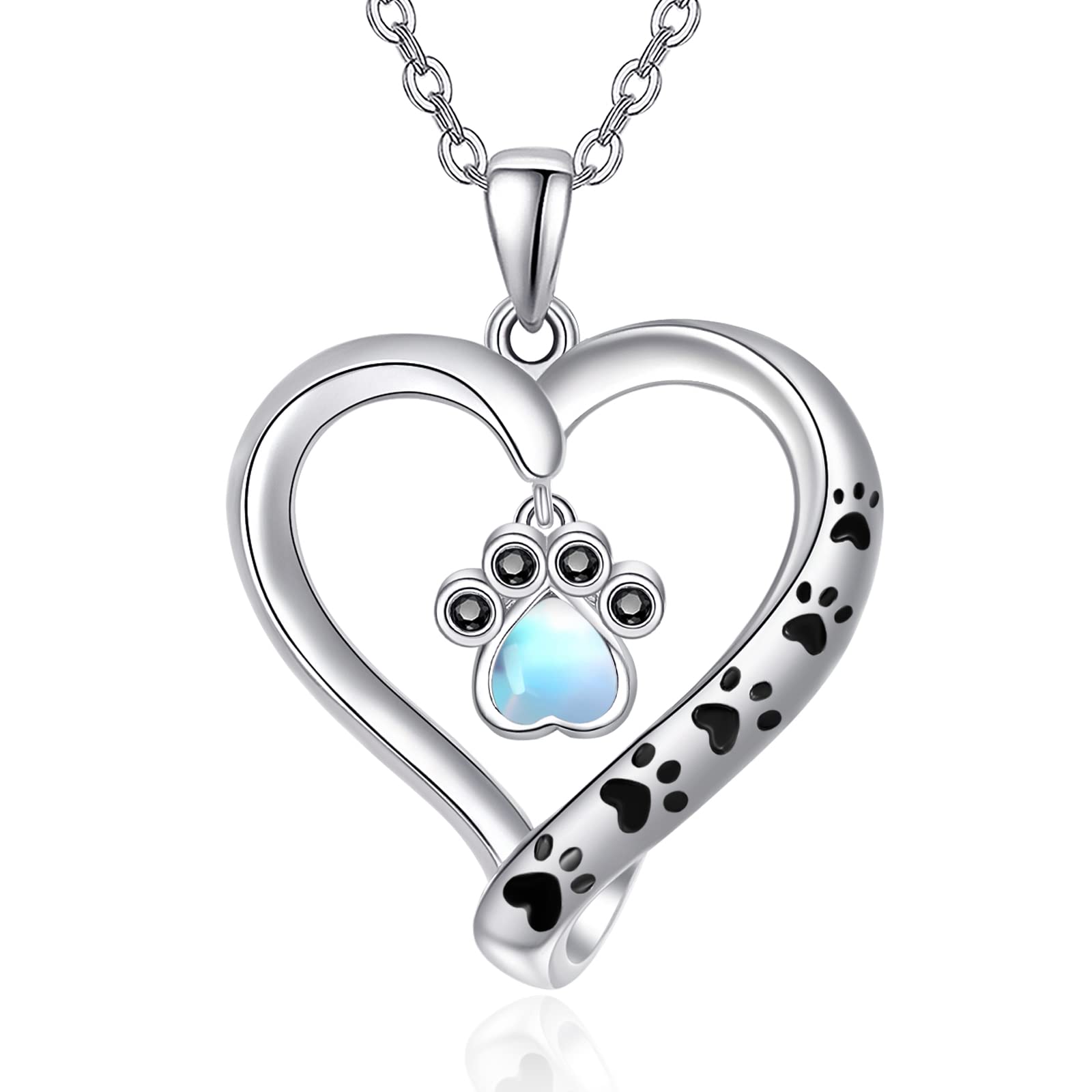 KINGWHYTE Paw Necklace for Women 925 Sterlings Silver Moonstone Dog Cat Pet Paw Black CZ Paw Print Love Heart Pendant Necklace Adjustable Chain Jewellery Gift for Women Girls Daughter Mum