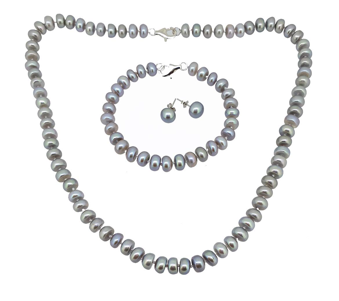 Treasure Bay Classic Freshwater Grey Pearl Jewellery Set Necklace Bracelet and Earrings for Women