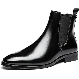 MGSSEGOB Men's Polished PU Chelsea Ankle Boots with Dual Elastic Band Low Block Heel Point Toe Pull On 1IN Formal Dress Booti