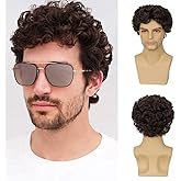 Beweig Mens Wig Short Curly Brown Wig Synthetic Costume Replacement Wig for Males