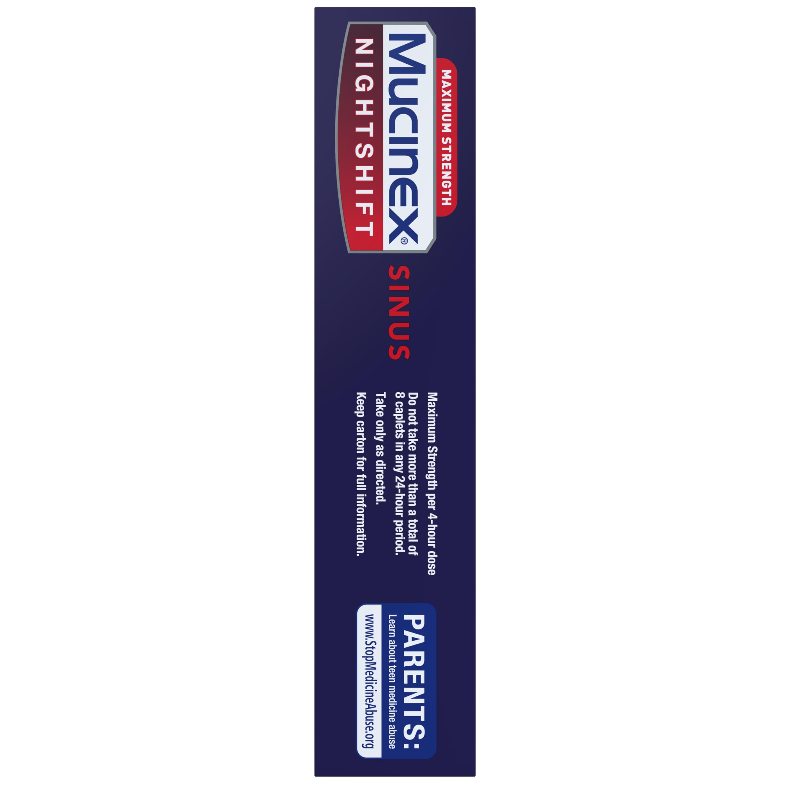 Mucinex Nightshift Sinus, Maximum Strength Powerful MultiSymptom Night Relief, 20 Fast Release Caplets Pain Reliever/Fever Reducer, Cough Suppressant, Nasal Decongestant & Antihistamine