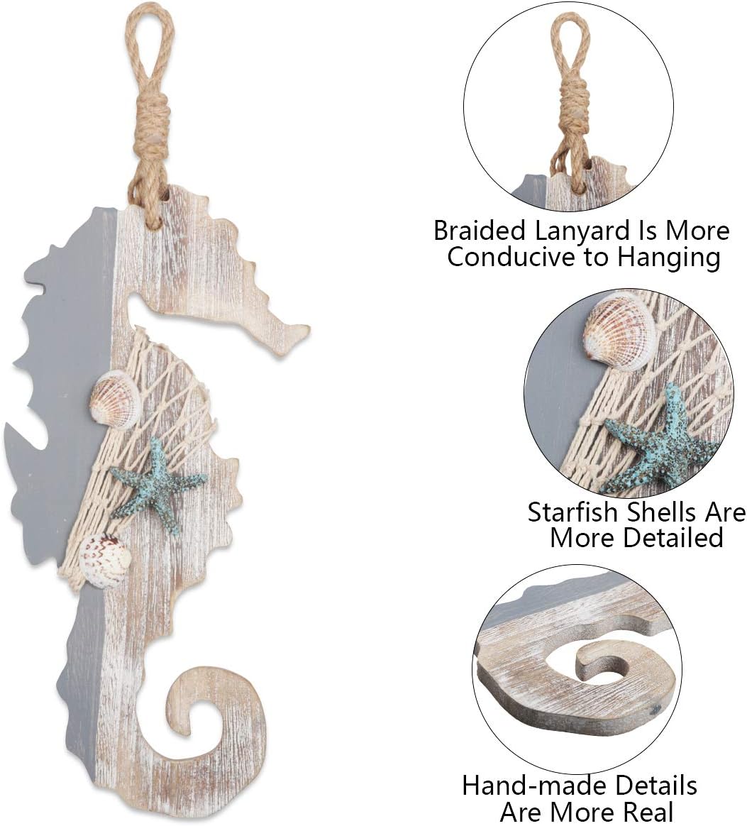 YiYa 30 CM Wooden Decor Seahorse with Starfish and Shells for Nautical Decoration Wall Decor Door Hanging Ornament Beach Theme Home Decoration - Image 4