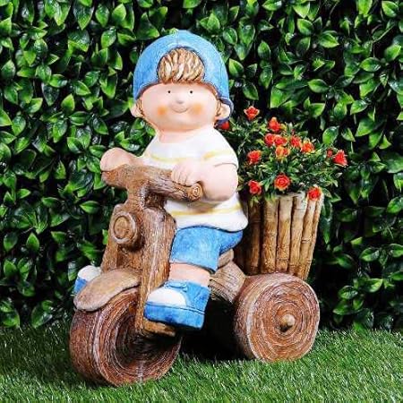 Poly Resin Cycle Riding Boy Resin Planter - Blue, 37 X 19.8 X 42.5 Cm