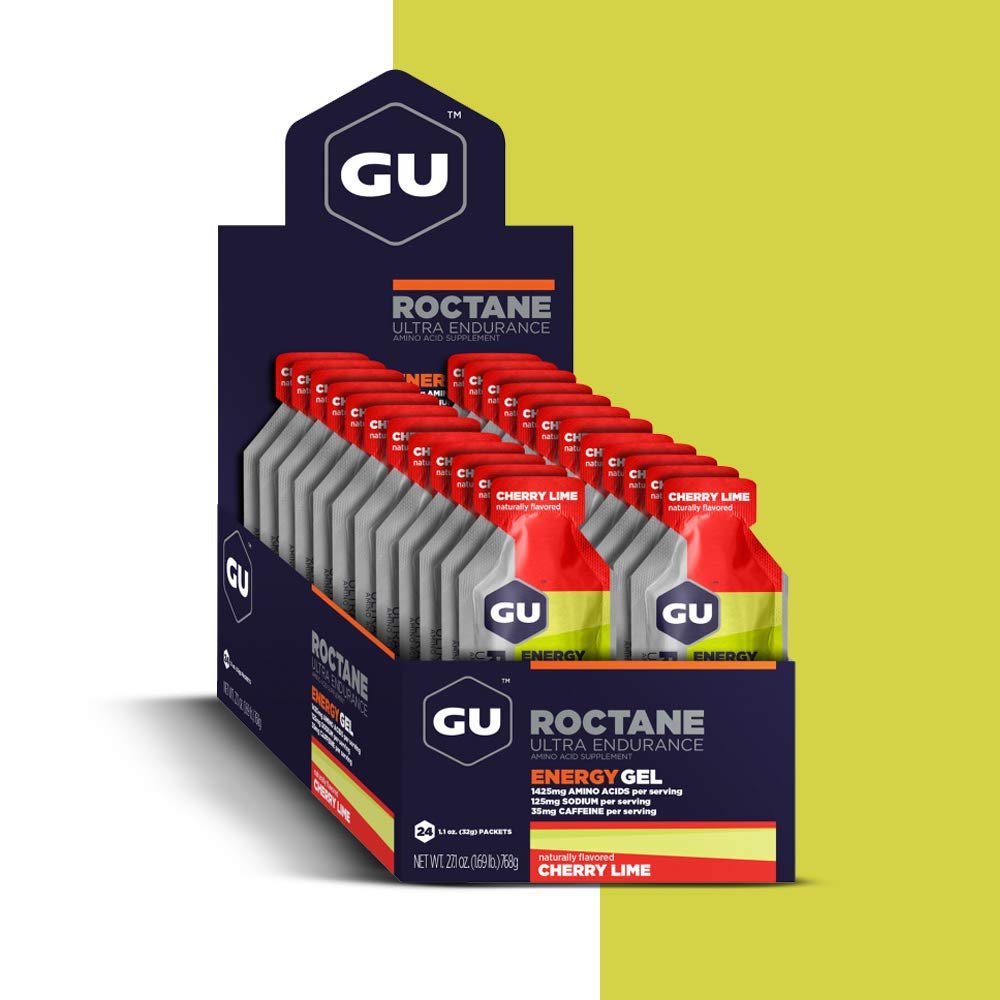 GU Energy Roctane Ultra Endurance Energy Gel, Vegan, Gluten-Free, Kosher, and Dairy-Free On-The-Go Sports Nutrition for Running, Biking, Hiking or Skiing, 24-Count, Cherry Lime