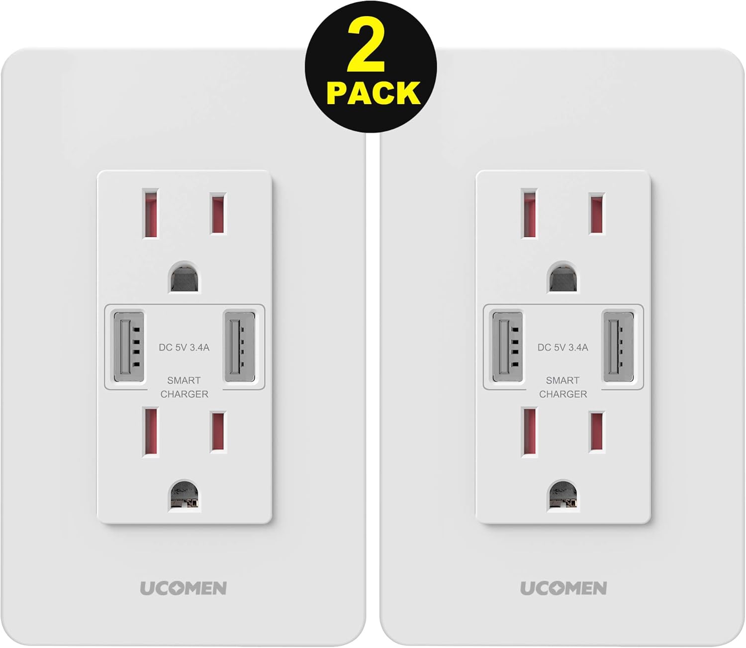 UCOMEN 3.4A USB Outlet, USB Wall Outlet, USB Charger Receptacle Standard Electrical Wall Outlets, 2pcs