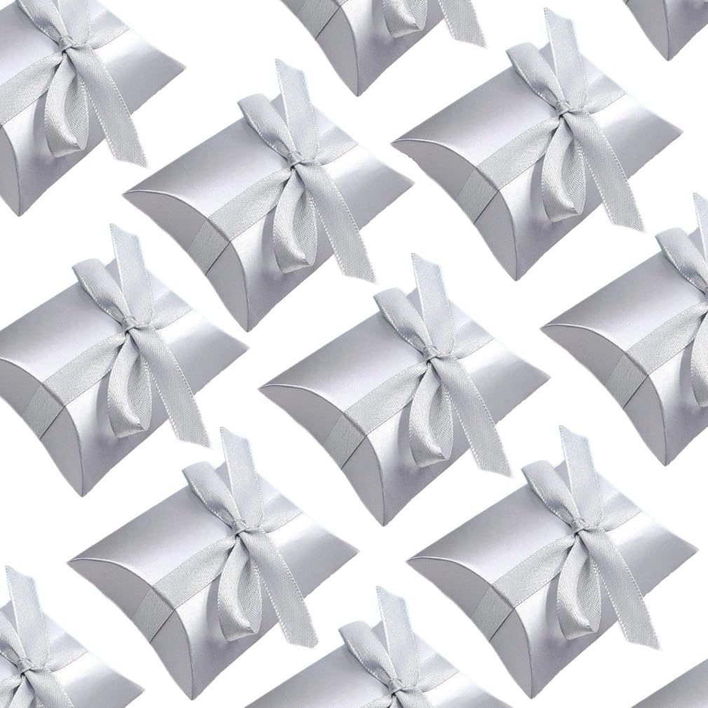 JZK 50x Pillow shape silver party favours box, wedding favors box, paper small confetti box sweets box for 25 years silver wedding, 25th Anniversary, birthday, box