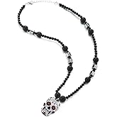 COOLSTEELANDBEYOND Sugar Skull Pendant Necklace for Men Black Beads with Hematite, Dia de los Muertos Gothic Jewelry