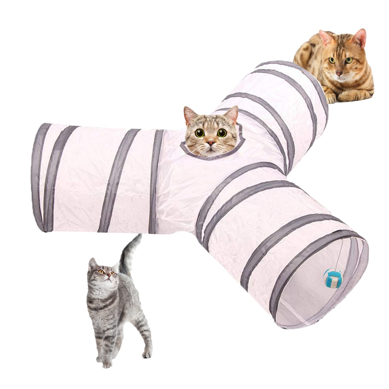 Cat Tunnel for Indoor Cats Interactive，Pet Toys Play Tunnels for Cats Kittens Rabbits Puppies Crinkle Collapsible (T-style-white)