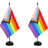 JBSJBS Pride Gay Desk Flag 12" Solid Pole Deluxe Set New Intersex Progress Flags Banner Mini Small LGBTQ Office Table Flags with Black Stand Base Desktop Decorations(2Pack)