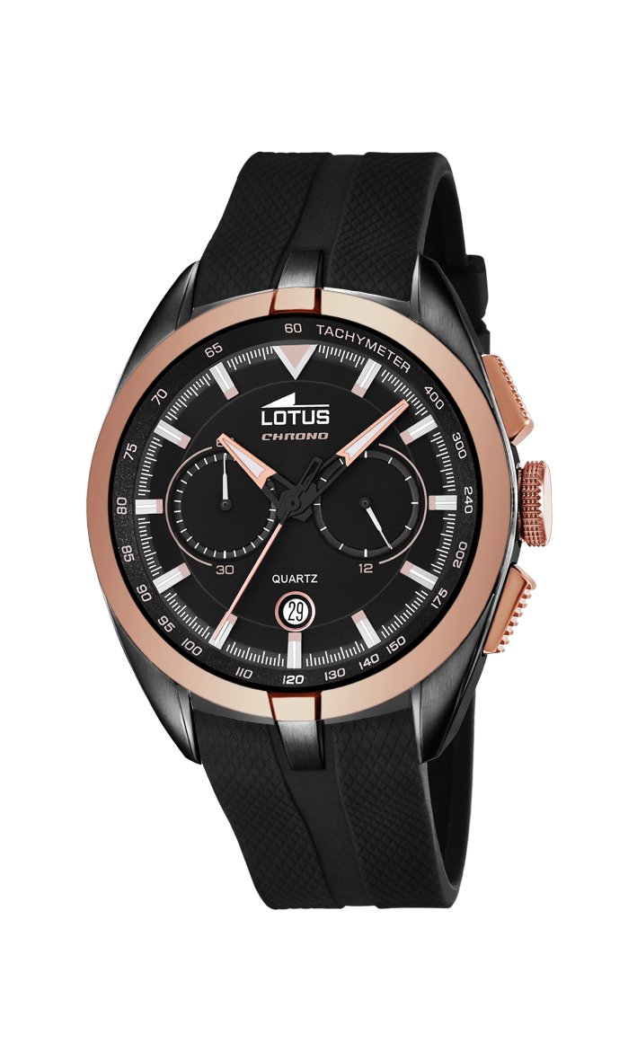 Lotus Men's Quartz Watch with Black Dial Chronograph Display and Black Rubber Strap 18192/1