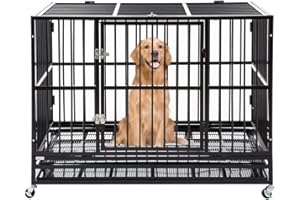 POLAR AURORA Heavy Duty Pet Dog Cage Strong Metal Crate Kennel Playpen w/Lockable Wheels&Tray (47, Black