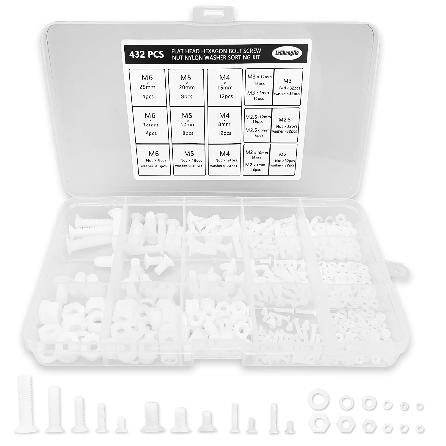 432PCS Flat Head Hexagon Bolt Screw Nut Nylon Washer Sorting Kit with a Plastic Box M2 M2.5 M3 M4 M5 M6(White)
