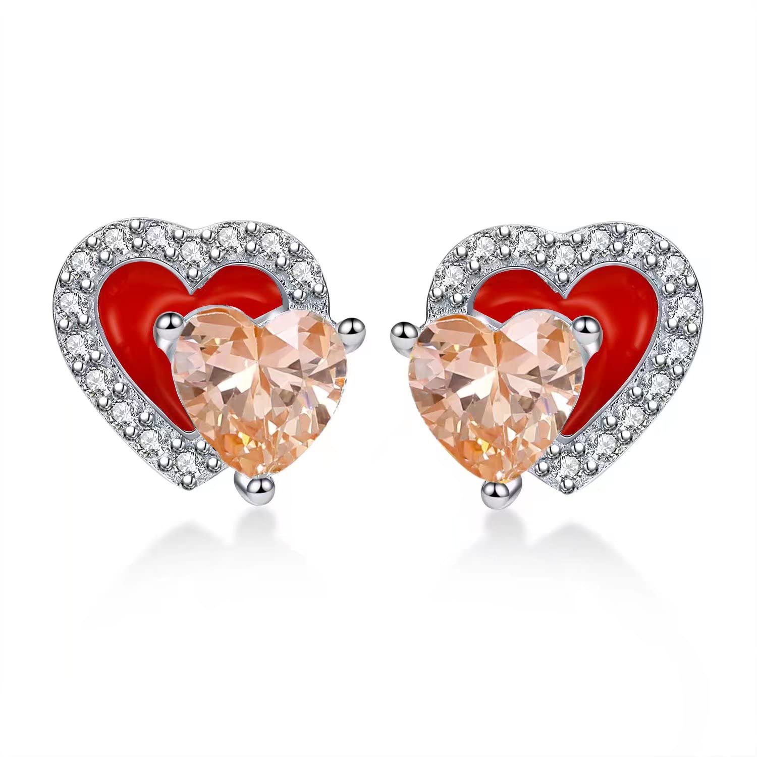 Qings November Topaz Birthstone Stud Earrings Red Enamel Yellow Citrine Heart-shaped Gemstone Cubic Zirconia 925 Sterling Silver Double Heart Present for Her