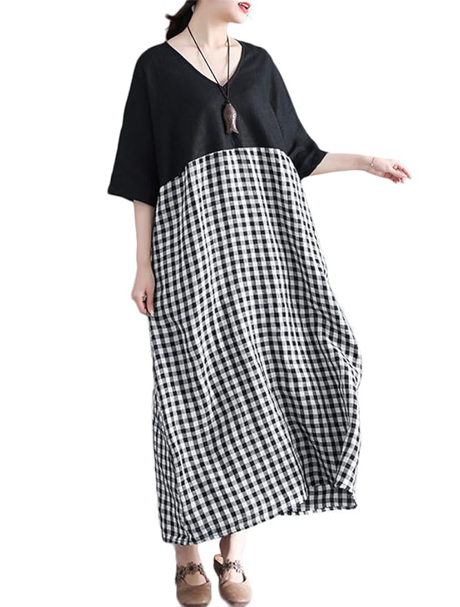 Mallimoda Women's Summer Linen Dress Plus Size Plaid Half Sleeve Maxi