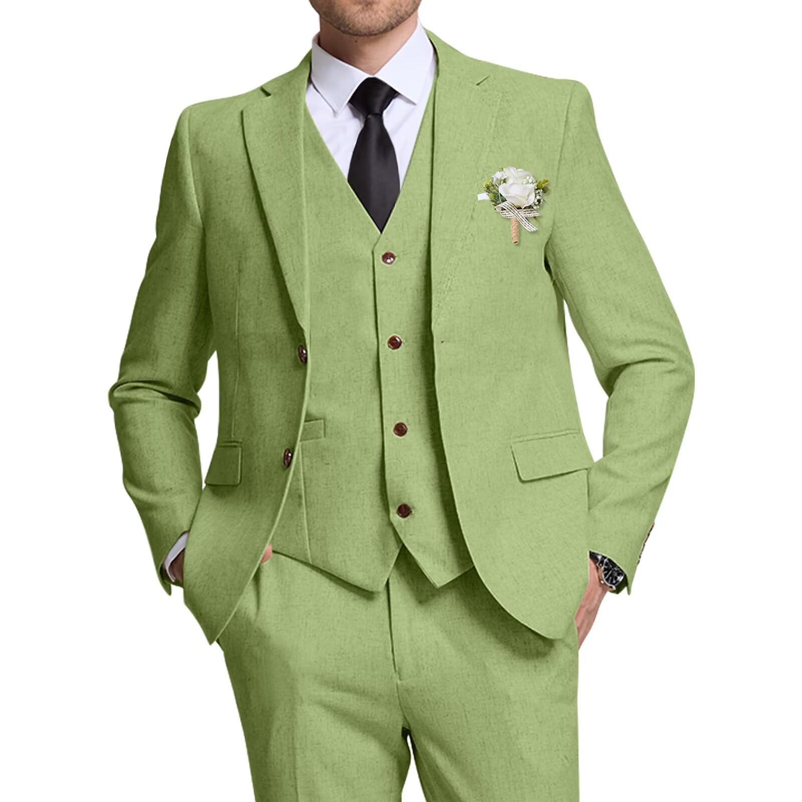 High-End Suits Retro Grass Green Linen Men Suit
