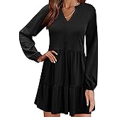 QACOHU Women Spring Tunic Dress 2026 V Neck Casual Tiered Long Sleeve with Pockets A-Line Swing Mini Babydoll Dress