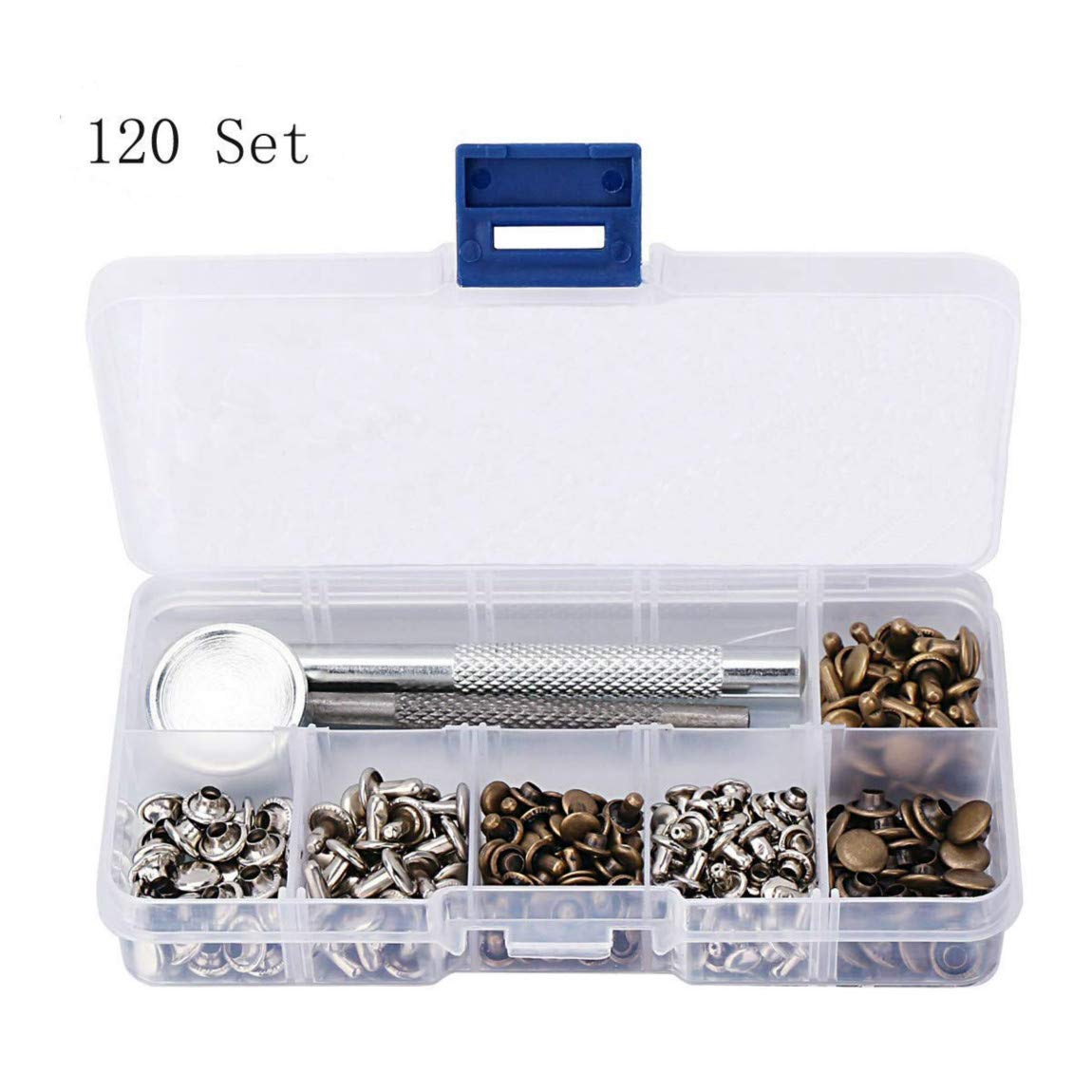 120 Set Leather Rivets Double Cap Rivet Buttons with Setting Tool Kit and Storage Box for DIY Leather Craft, 2 Sizes (Silver and Bronze)