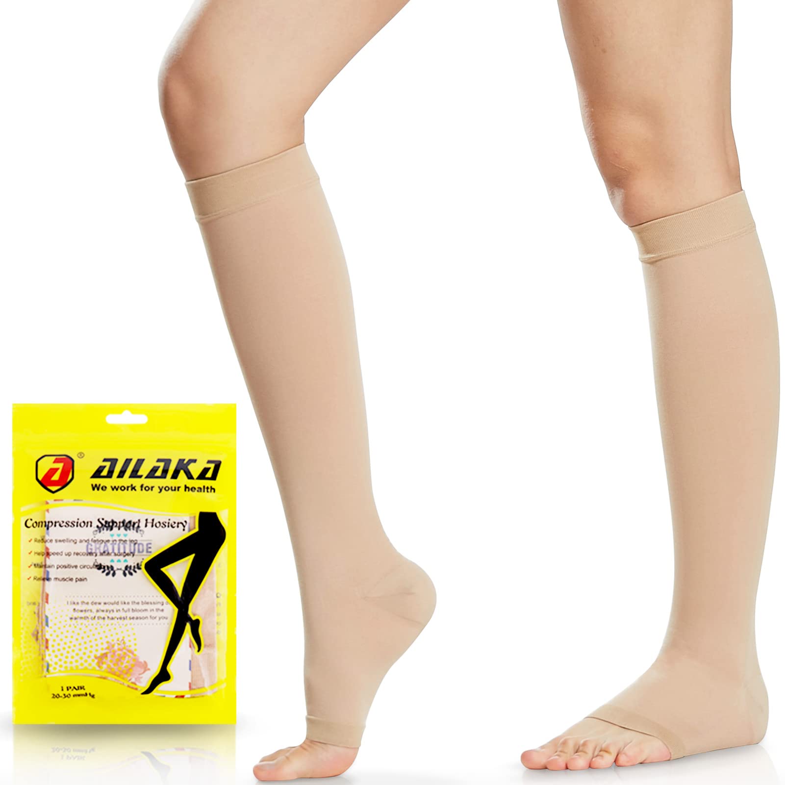 Ailaka 20-30 mmHg Compression Calf Socks for Women & Men, High Open Toe Graduated Support Varicose Veins Knee Stockings Hosiery, Travel, Nurses, Pregnancy, Recovery
